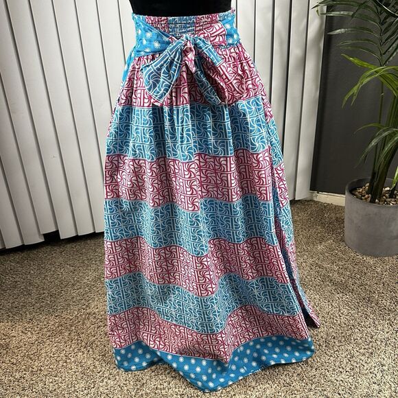 Jackpot Women's Free Size African Print Maxi Skirt Blue Pink White Front Tie Bow - Picture 1 of 8
